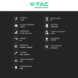 VT-1034 Lampada LED da Tavolo 3in1 1,5W Dimmerabile Touch V-Tac