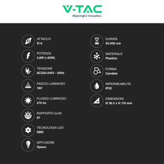 VT-2214 Lampadina LED C37 4,8W E14 RGB+W Dimmerabile V-Tac