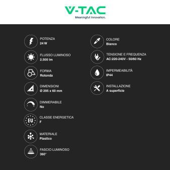 VT-8624 Plafoniera LED Rotonda 24W SMD IP44 Colore Bianco V-Tac