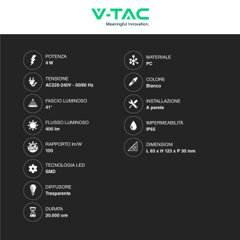 VT-844 Lampada LED da Muro 4W SMD IP65 Colore Bianco V-Tac