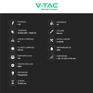 VT-844 Lampada LED da Muro 4W SMD IP65 Colore Bianco V-Tac