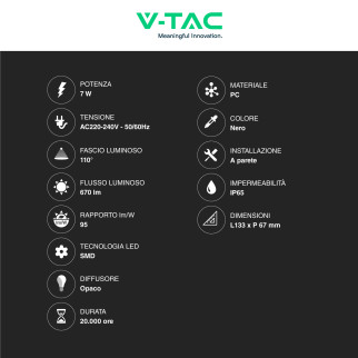 VT-831 Lampada LED da Muro 7W SMD Applique Nera IP65 V-Tac