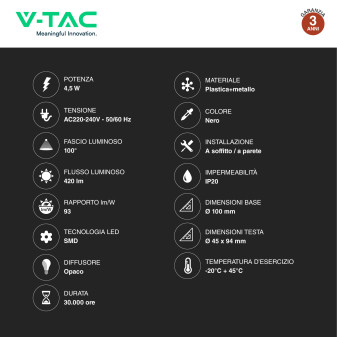 Lampada LED Parete 4,5W SMD Orientabile Bianca V-Tac VT-805