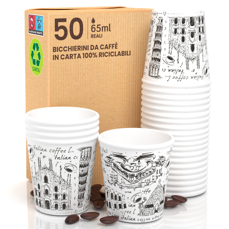 50 Bicchierini da Caffè in Carta Bio Italy White da 65ml