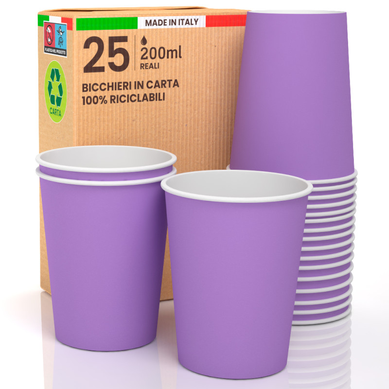 25 Bicchieri in Carta Biodegradabile Lilla da 200ml