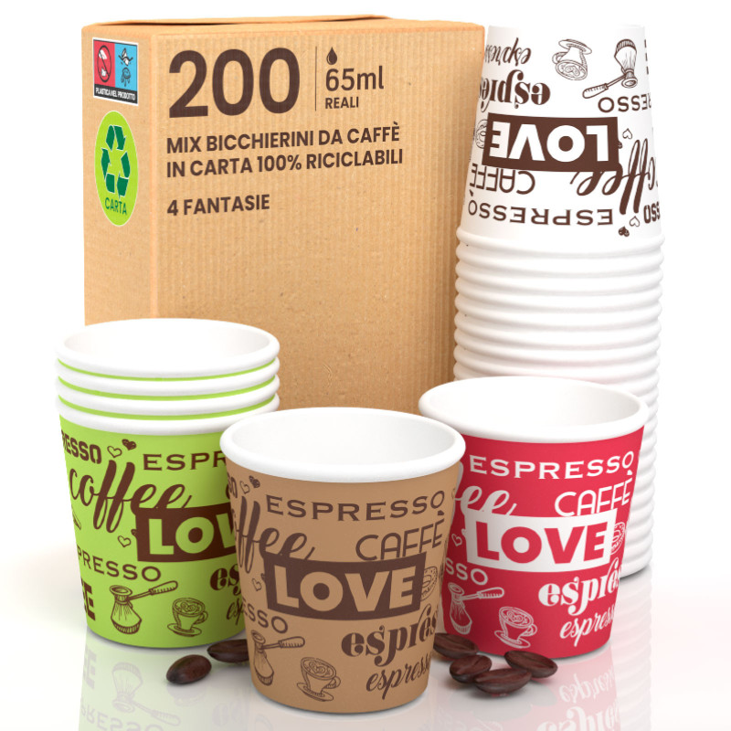 200 Bicchierini da Caffè in Carta Riciclabile LoveCup Mix da 65ml