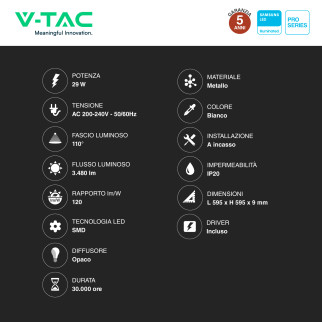 VT-629-1 6 Pannelli LED Quadrati 29W SMD Samsung V-Tac Pro
