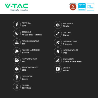 VT-629-1 Pannello LED Quadrato 29W SMD Samsung V-Tac Pro