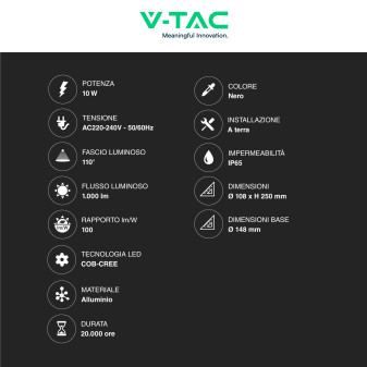 VT-830 Lampada LED Giardino 10W COB CREE Nera IP65 V-Tac