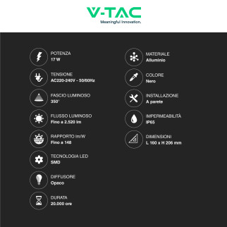 VT-11020 Lampada LED da Muro 17W SMD IP65 Nera V-Tac