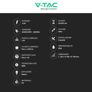 VT-822 Lampada LED da Muro 12W SMD Applique Nera IP65 V-Tac