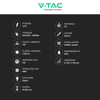 VT-8612 Plafoniera LED 12W SMD IP65 Bianca V-Tac