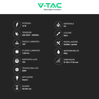 VT-8612 Plafoniera LED 12W SMD IP65 Nera V-Tac