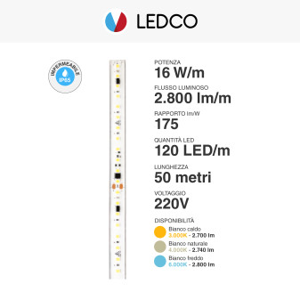 Striscia LED 800W Flessibile SMD 220V CRI90 IP65 50m LEDCO