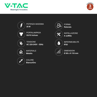 VT-978 Portafaretto in Alluminio per Lampadine GU10 V-Tac