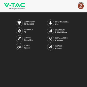 VT-931 Portafaretto Rotondo Bianco Oro per GU10 GU5.3 V-Tac