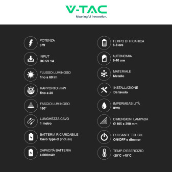 VT-7703 Lampada LED da Tavolo 3W Touch Dimmerabile Nera V-Tac