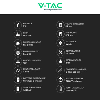 VT-7703 Lampada LED da Tavolo 3W Touch Dimmerabile  V-Tac