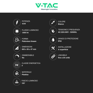 VT-80060 Tubo LED 18W 60cm Plafoniera Lineare Linkabile IP65 V-Tac