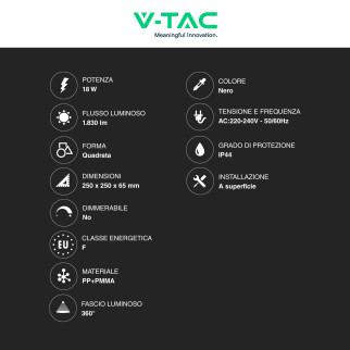 VT-8618 Plafoniera LED Quadrata 18W SMD IP44 Colore Nero V-Tac