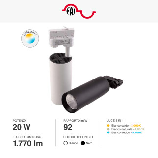 Faretto LED da Binario 14W/20W Track light COB CCT 3in1 FAI