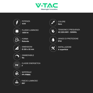 VT-8618 Plafoniera LED Rotonda 18W SMD IP44 Colore Nero V-Tac