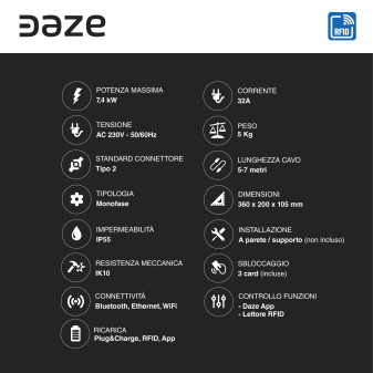 Wallbox Home T Daze 7,4kW Monofase IP55 Cavo Tipo 2 Bluetooth Wi-Fi