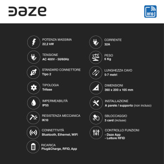 Wallbox Home T Daze 22,2kW Trifase IP55 Cavo Tipo 2 Bluetooth Wi-Fi