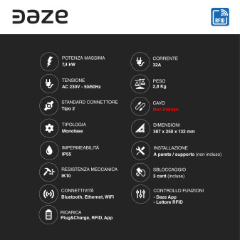 Wallbox Home S Daze 7,4kW Monofase IP55 RFID Bluetooth Wi-Fi