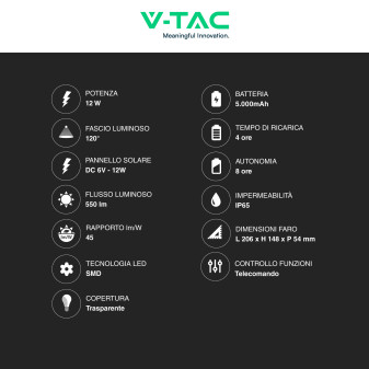 VT-25W Faro LED 12W IP65 Pannello Solare Telecomando V-Tac
