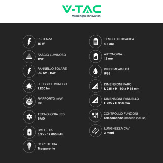 V-Tac VT-120W Faro LED 15W IP65 Nero Pannello e Telecomando