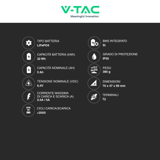 V-Tac VT-6.4V5AH-L Batteria LiFePO4 6,4V 5Ah - SKU 11943