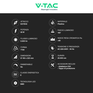 V-Tac VT-21065 Lampadina LED E27 Hi-Power 60W Tubolare T160 SMD