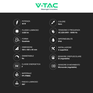 V-Tac VT-8630 Plafoniera LED Quadrata 36W IP44 Sensore di Movimento e Crepuscolare