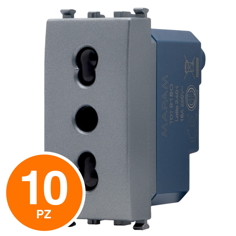 MAPAM Presa Bivalente Sun-T5 SUN-F918GR Grigio - Confezione 10pz - mod. SUN-F918GR - Compatibile con Vimar ARKÉ