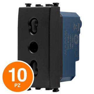 MAPAM Presa Bivalente Sun-T5 SUN-F918NE Nero - Confezione 10pz - mod. SUN-F918NE - Compatibile con Vimar ARKÉ