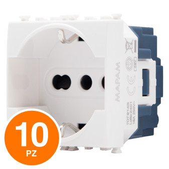 MAPAM Presa Schuko Unel Sun-T5 SUN-F914BI Bianco - Confezione 10pz - mod. SUN-F914BI - Compatibile con Vimar ARKÉ