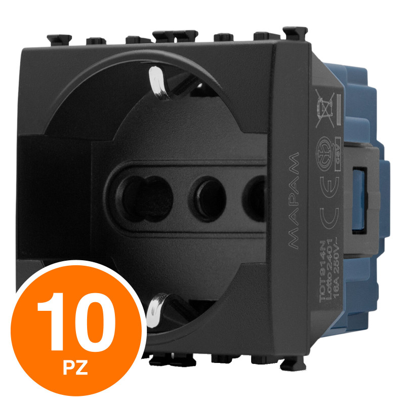 MAPAM Presa Schuko Unel Sun-T5 SUN-F914NE Nero - Confezione 10pz - mod. SUN-F914NE - Compatibile con Vimar ARKÉ