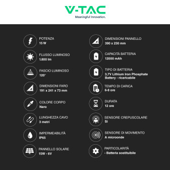 VT-102w Faro LED 15W IP65 Pannello Solare con Sensore Telecomando V-Tac