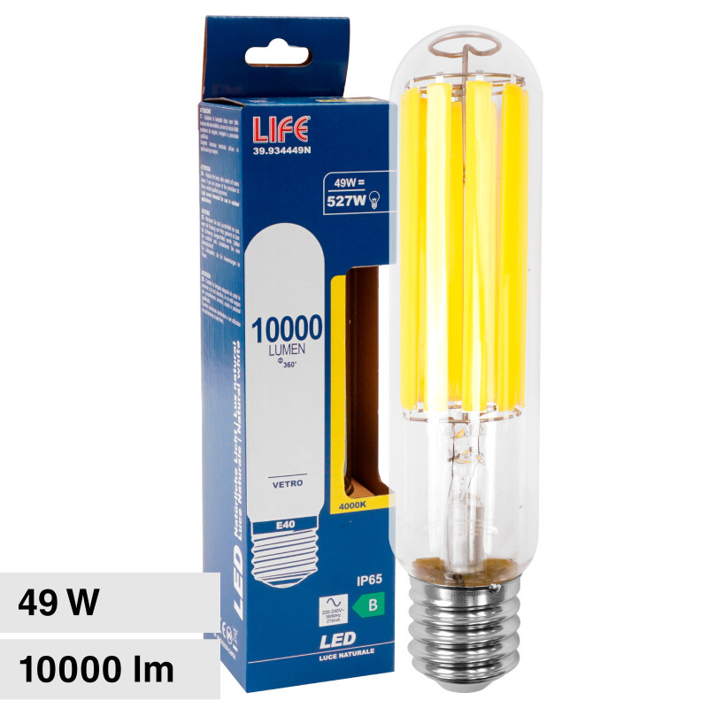 Lampadina LED E40 49W Tubolare T52 Filament IP65 in Vetro Life