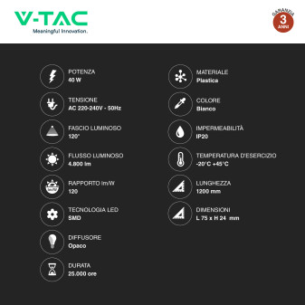 VT-8340 Tubo LED Prismatico Plafoniera SMD 40W 120cm V-Tac