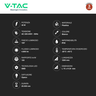 VT-8340 Tubo LED Prismatico Plafoniera SMD 40W 120cm V-Tac