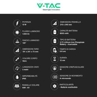 VT-55w Faro LED 10W IP65 Pannello Solare con Sensore Telecomando V-Tac