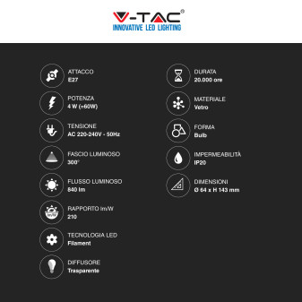 VT-2364 Lampadina LED E27 4W Bulb ST64 Filament Vetro V-Tac