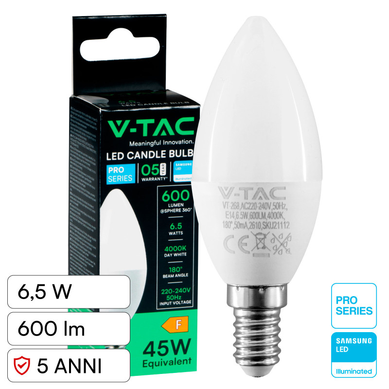 Lampadina LED E14 6,5W Candela C37 SMD Chip Samsung V-Tac Pro