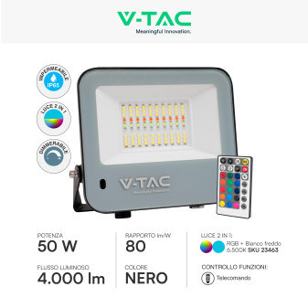 V-Tac Faro LED 50W RGB+W IP65 con Telecomando V-Tac