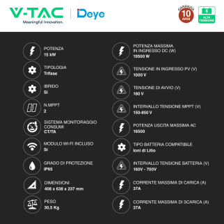 V-Tac Inverter Trifase Ibrido On-Grid / Off-Grid 15kW IP65 CEI 0-21