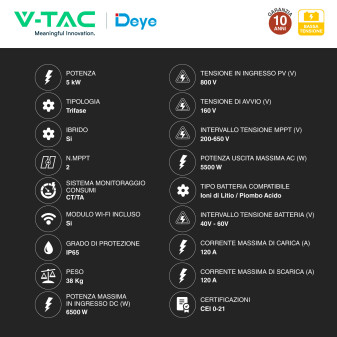 Inverter 5kW Trifase LCD IP65 Pannelli Fotovoltaici V-Tac