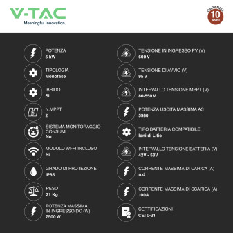 V-Tac Inverter Monofase Ibrido On-Grid / Off-Grid 5kW IP65