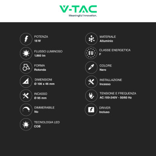 V-Tac Faretto LED COB 18W Incasso Rotondo CCT Nero